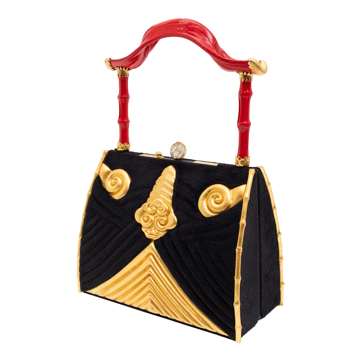 Black & Gold Lacquer Handbag with Crystal and Bamboo