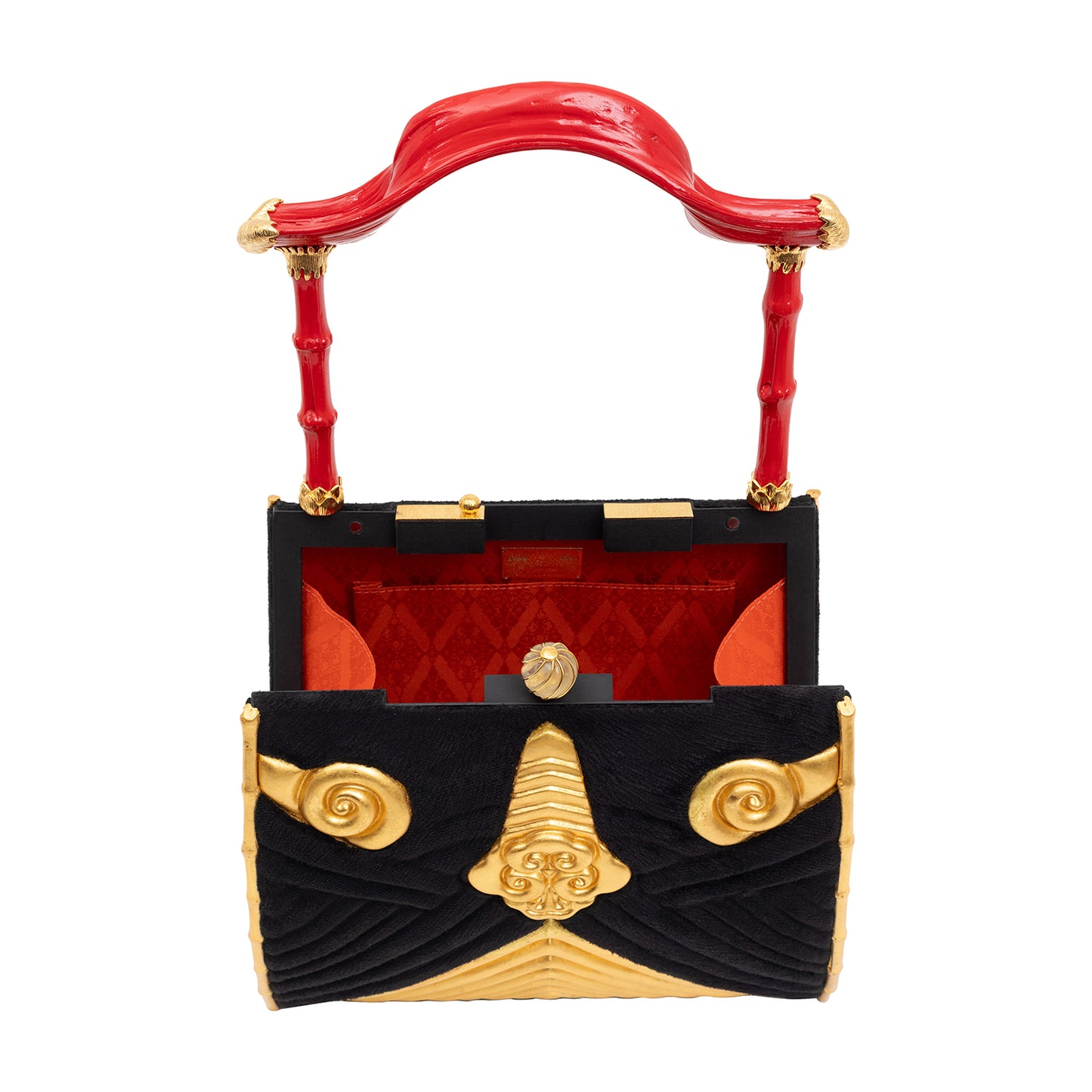 Black & Gold Lacquer Handbag with Crystal and Bamboo