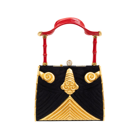 Black & Gold Lacquer Handbag with Crystal and Bamboo