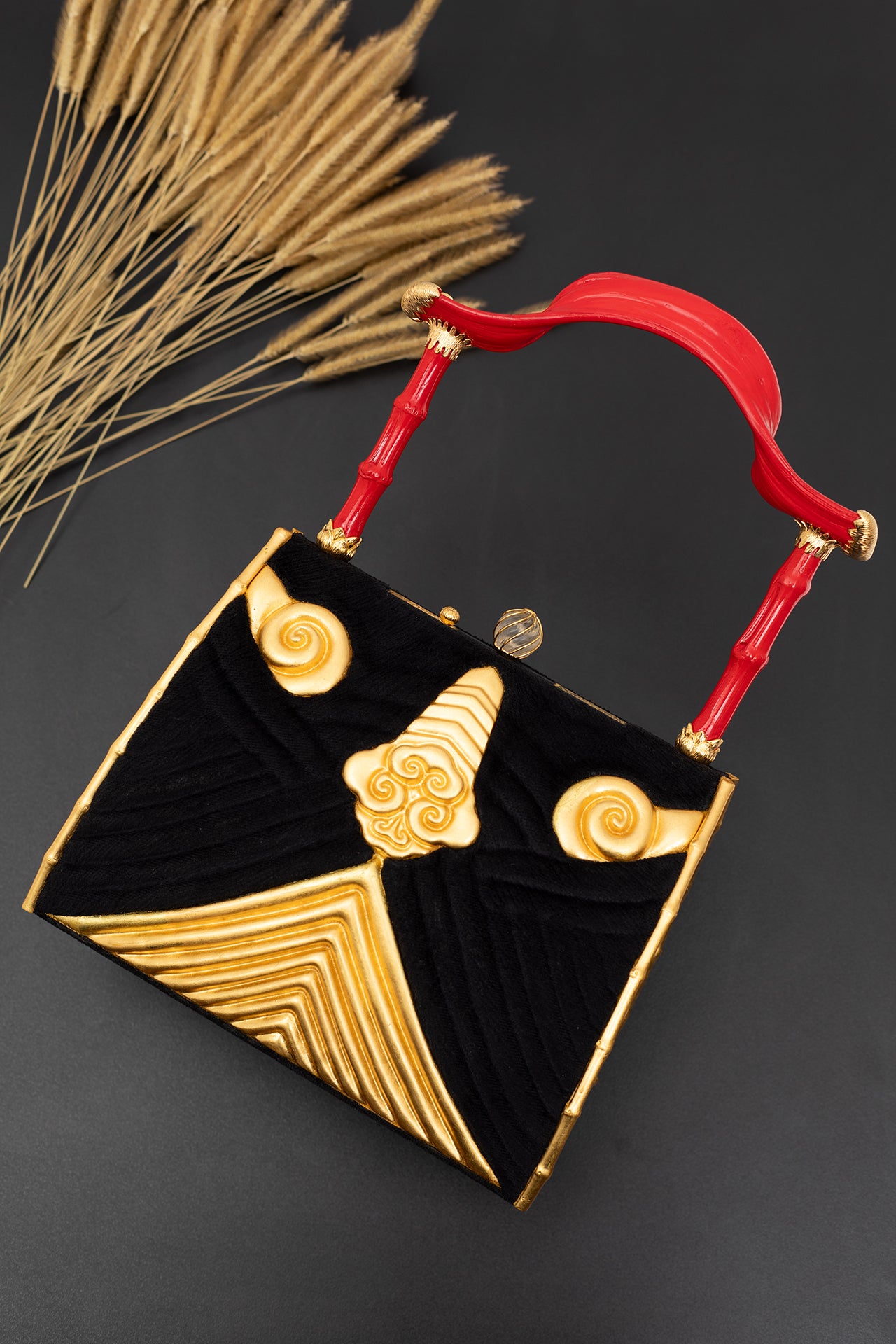 Black & Gold Lacquer Handbag with Crystal and Bamboo
