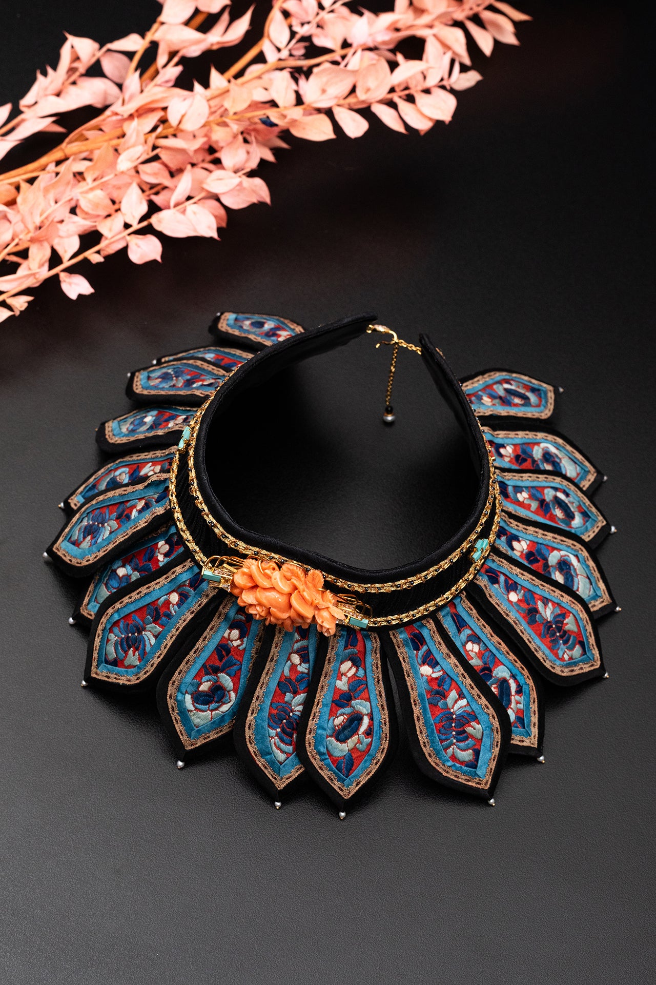 Antique Collar Necklace Diamond, Red Craved Stone,Pearl and Tourqouise