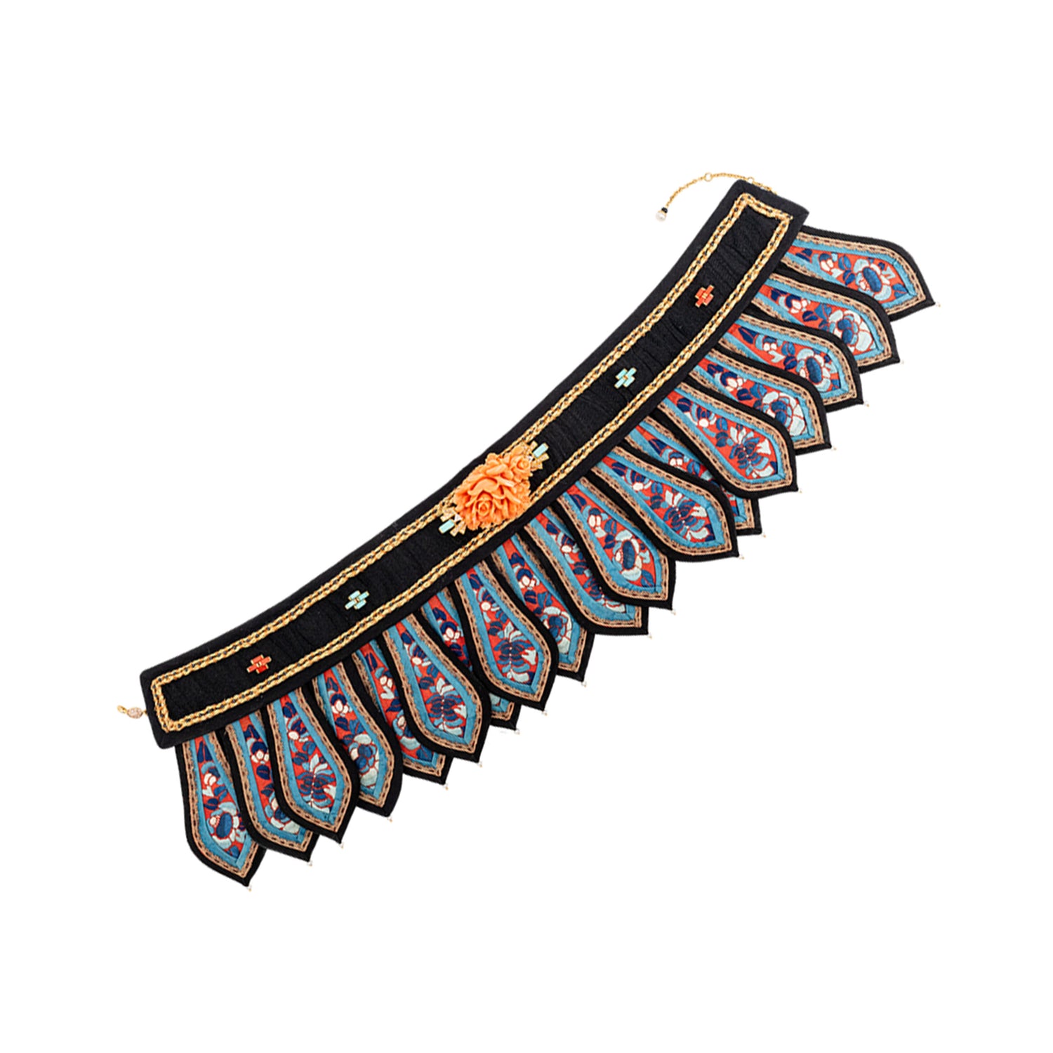 Antique Collar Necklace Diamond, Red Craved Stone,Pearl and Tourqouise