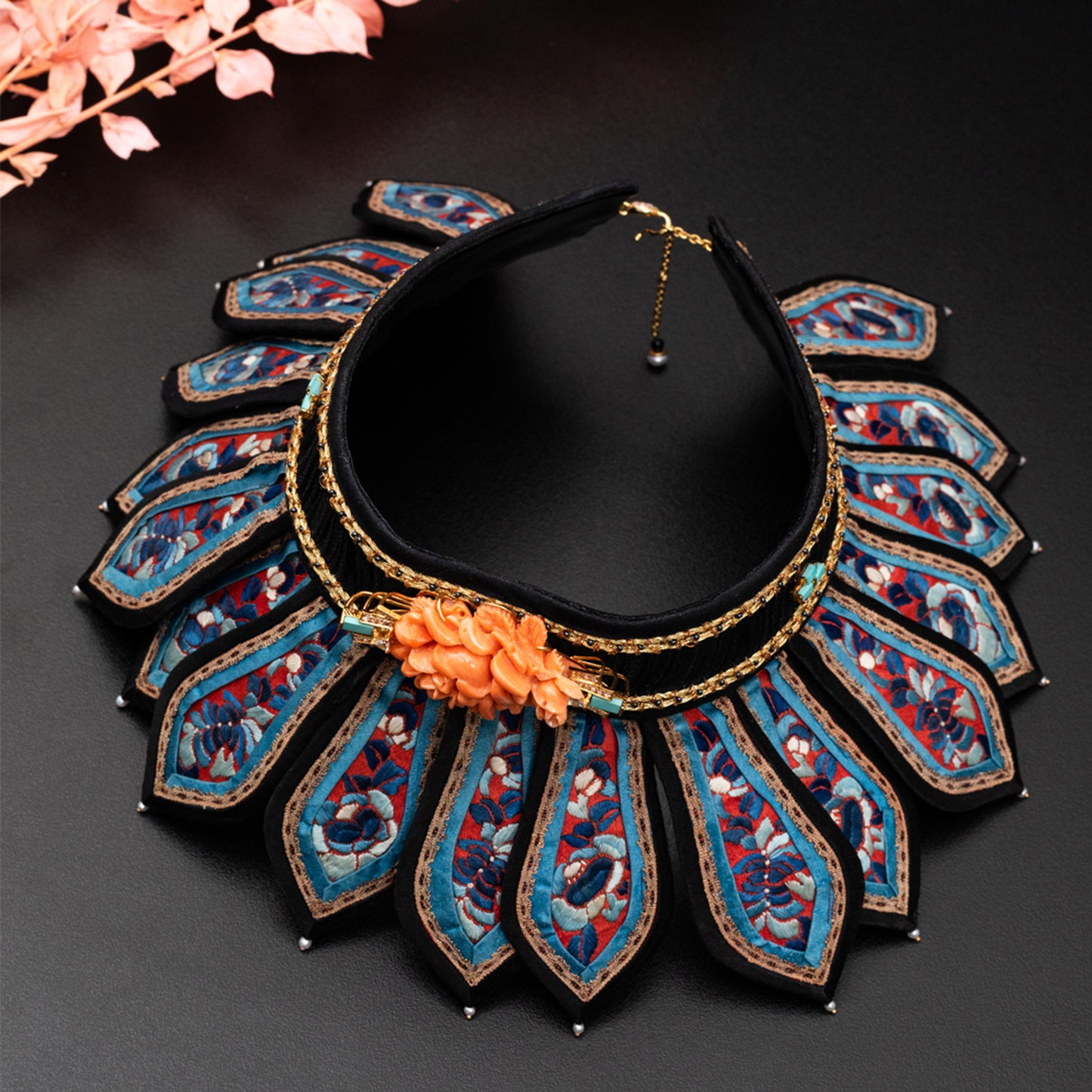 Antique Collar Necklace Diamond, Red Craved Stone,Pearl and Tourqouise