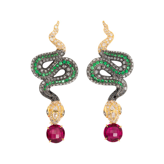 Wiggling Snake Diamond, Tsavorite and Rubellite Earrings