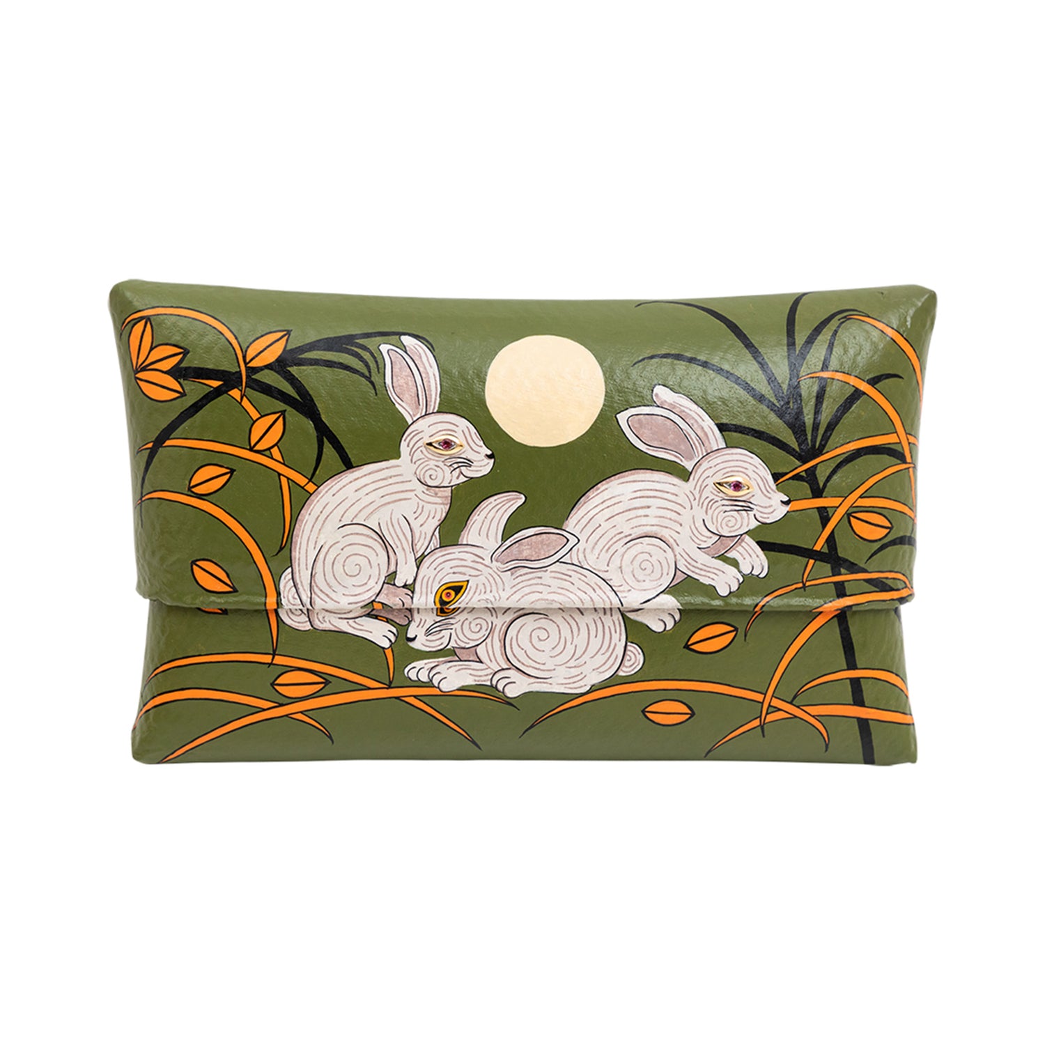 Bamboo Clutch with Hand-Painted Cheerful Rabbits and Tourmaline