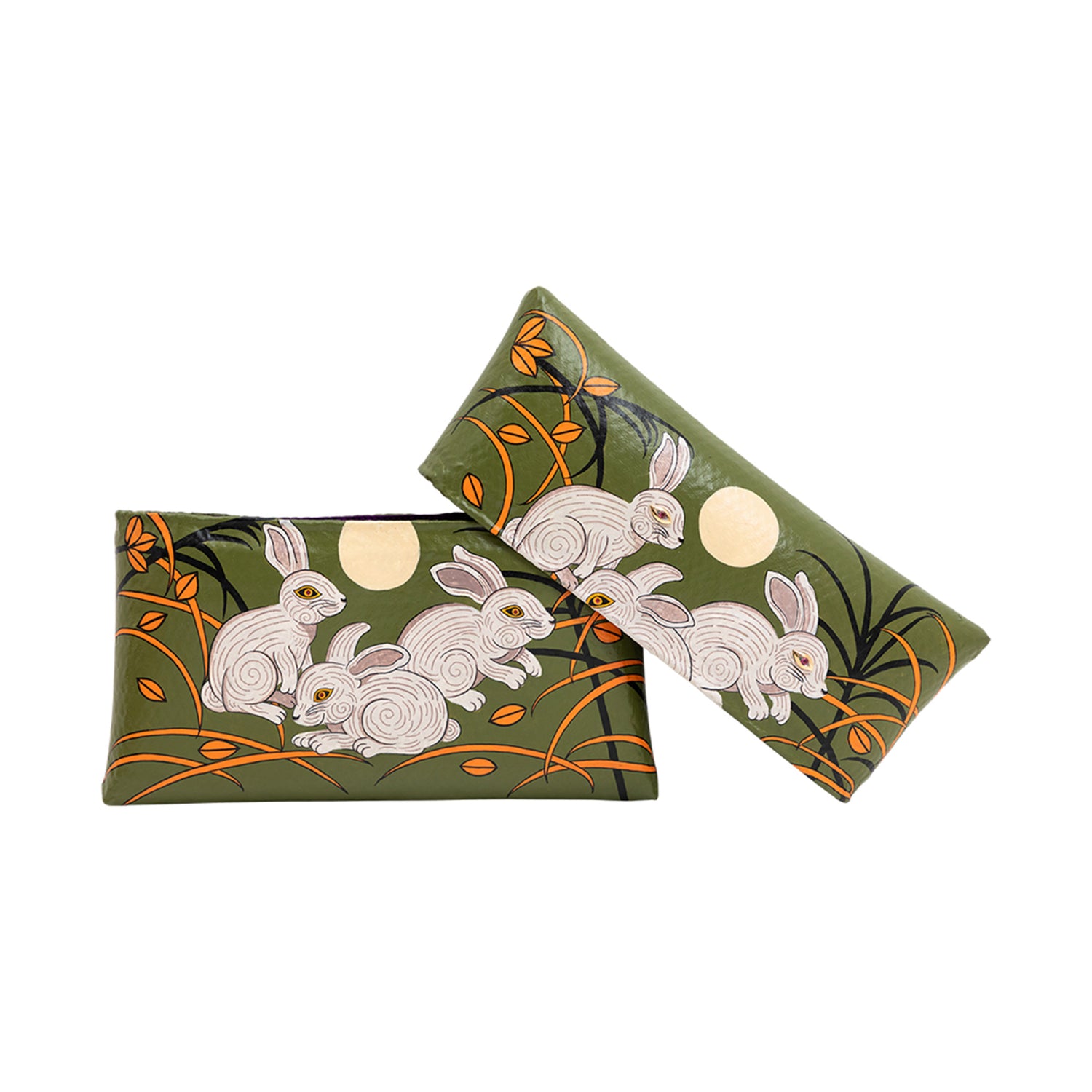 Bamboo Clutch with Hand-Painted Cheerful Rabbits and Tourmaline