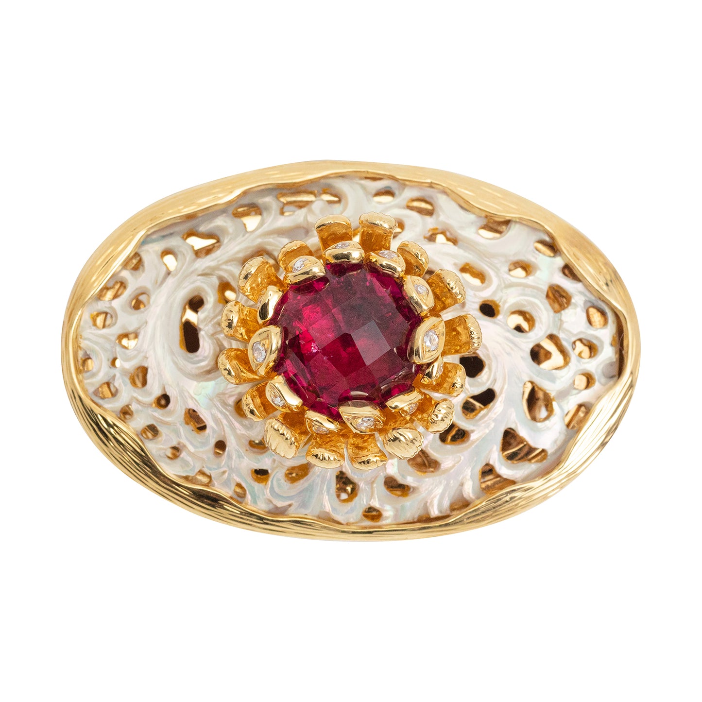 Golden Carved Shell Ring in Rubelite and Diamond Floral Bloom
