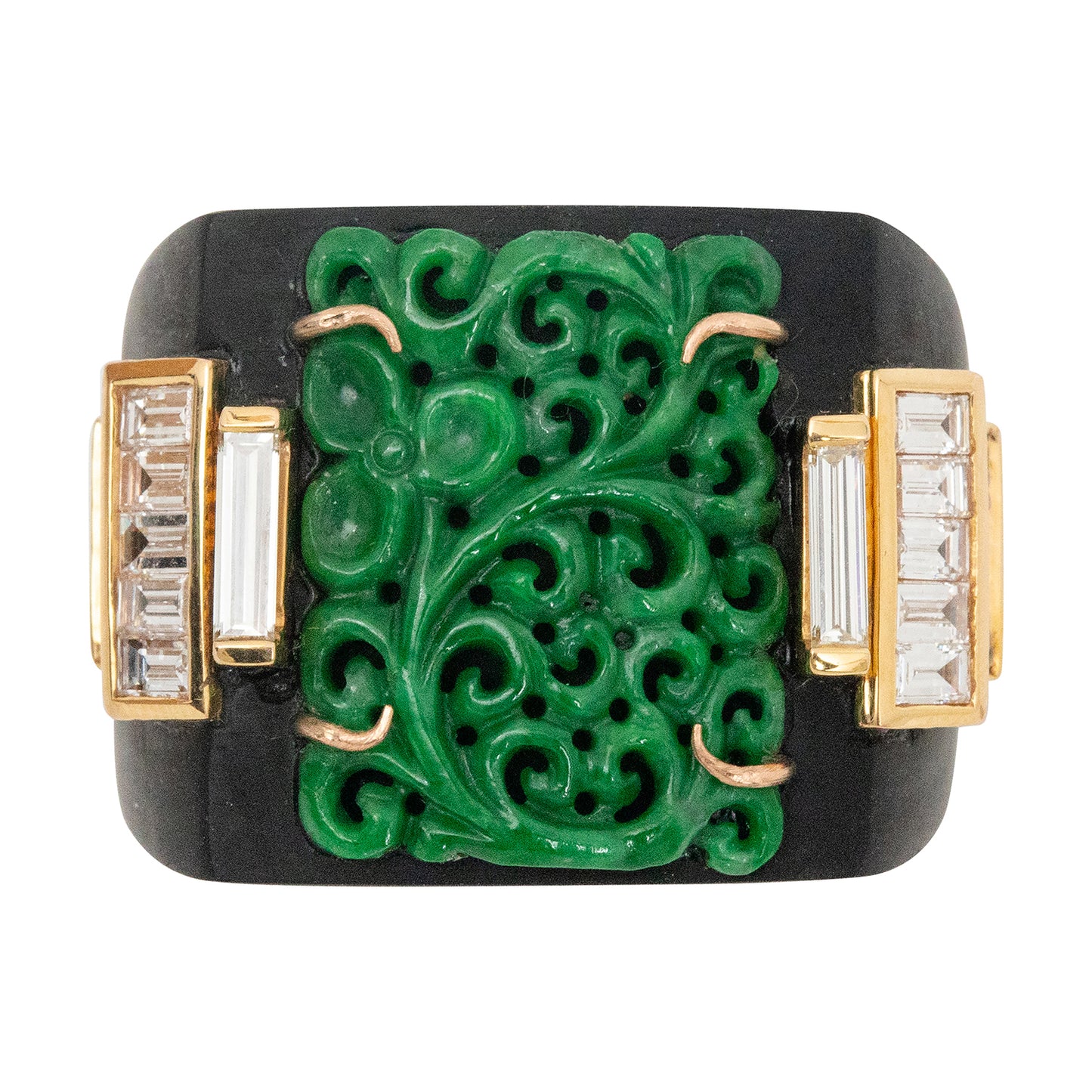 Black Wood Ring with Carved Jade and Diamond