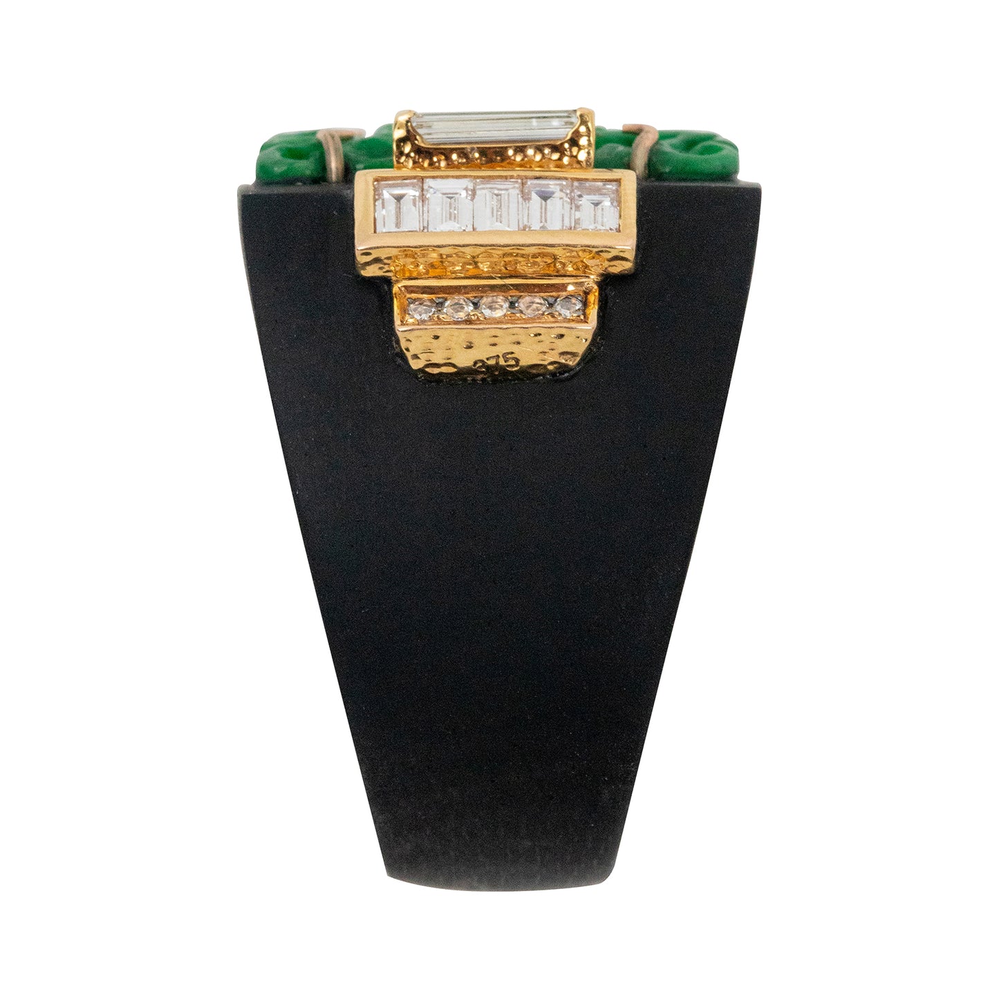 Black Wood Ring with Carved Jade and Diamond