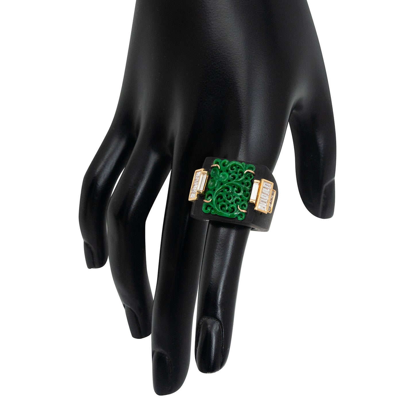 Black Wood Ring with Carved Jade and Diamond