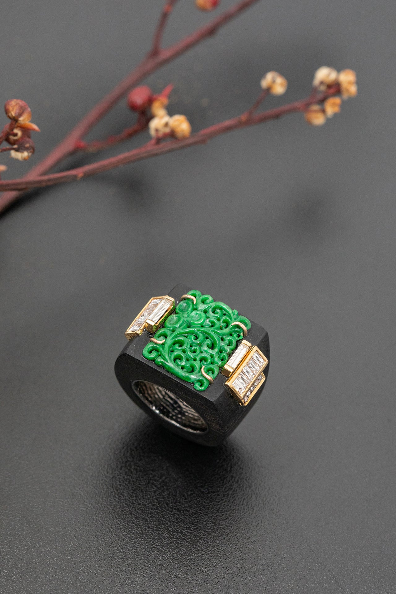 Black Wood Ring with Carved Jade and Diamond