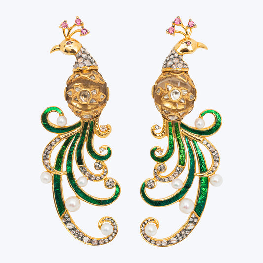 Peacock Earring with Kundan and Diamond