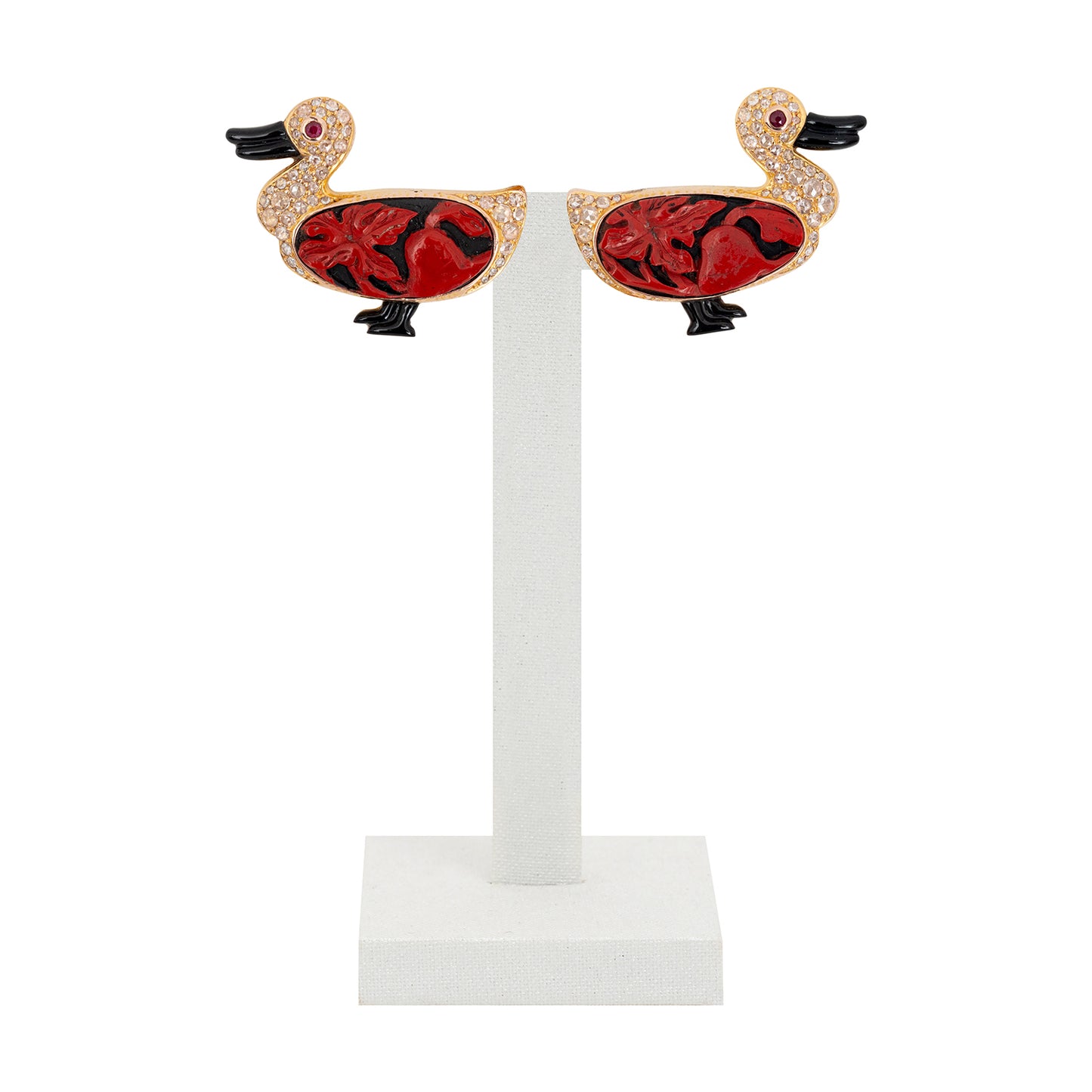 Duck Earrings with Red Lacquer and Diamonds