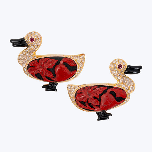 Duck Earrings with Red Lacquer and Diamonds