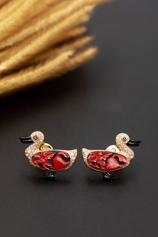 Duck Earrings with Red Lacquer and Diamonds