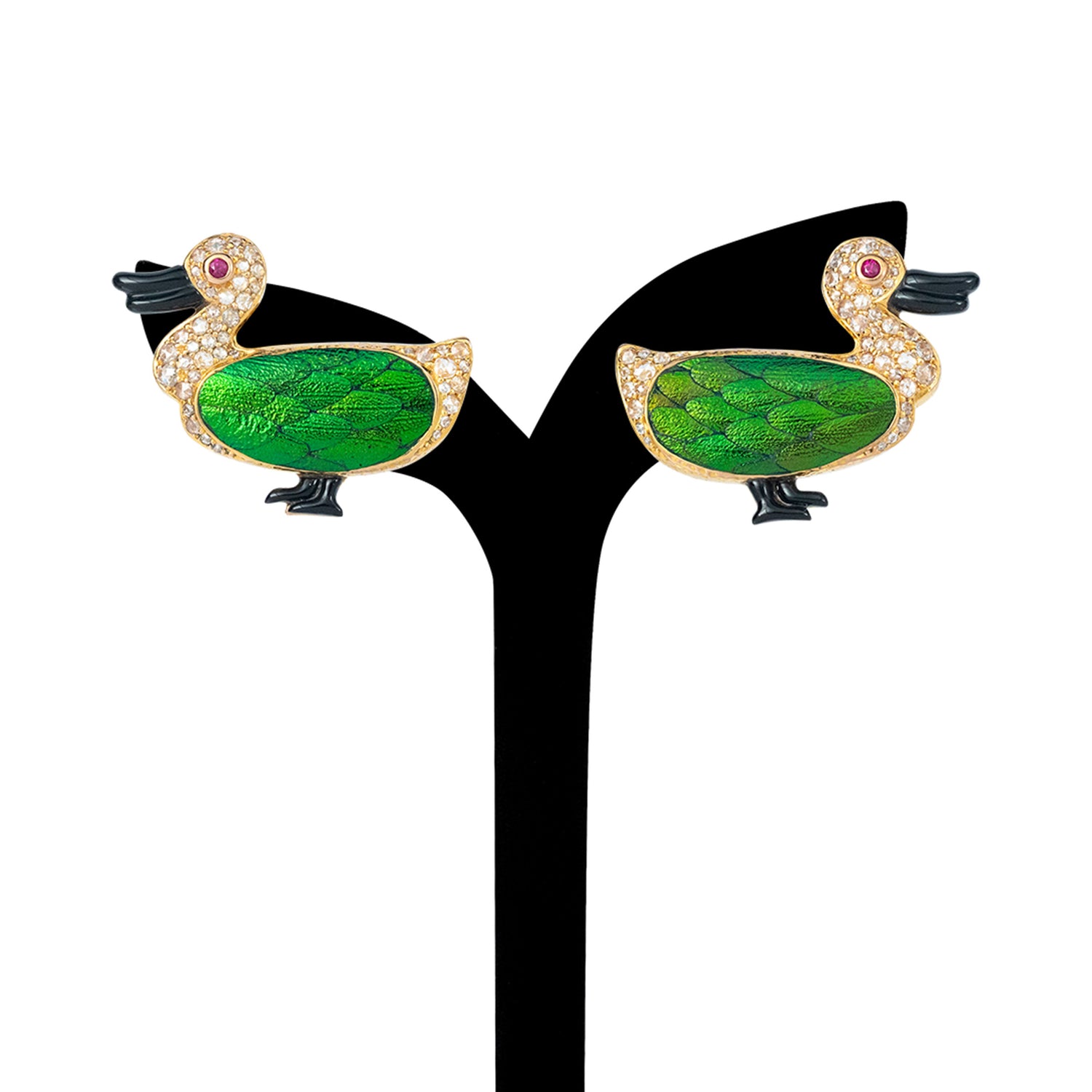 Duck Earrings with Scarab and Diamond