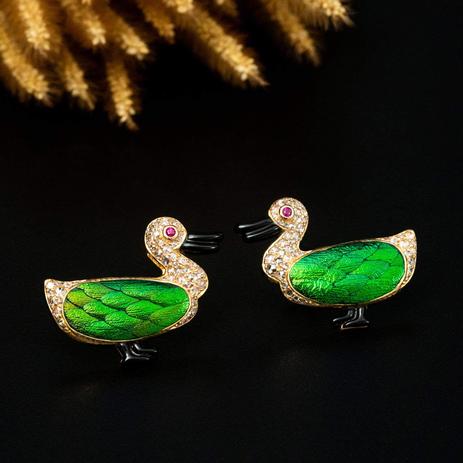 Duck Earrings with Scarab and Diamond