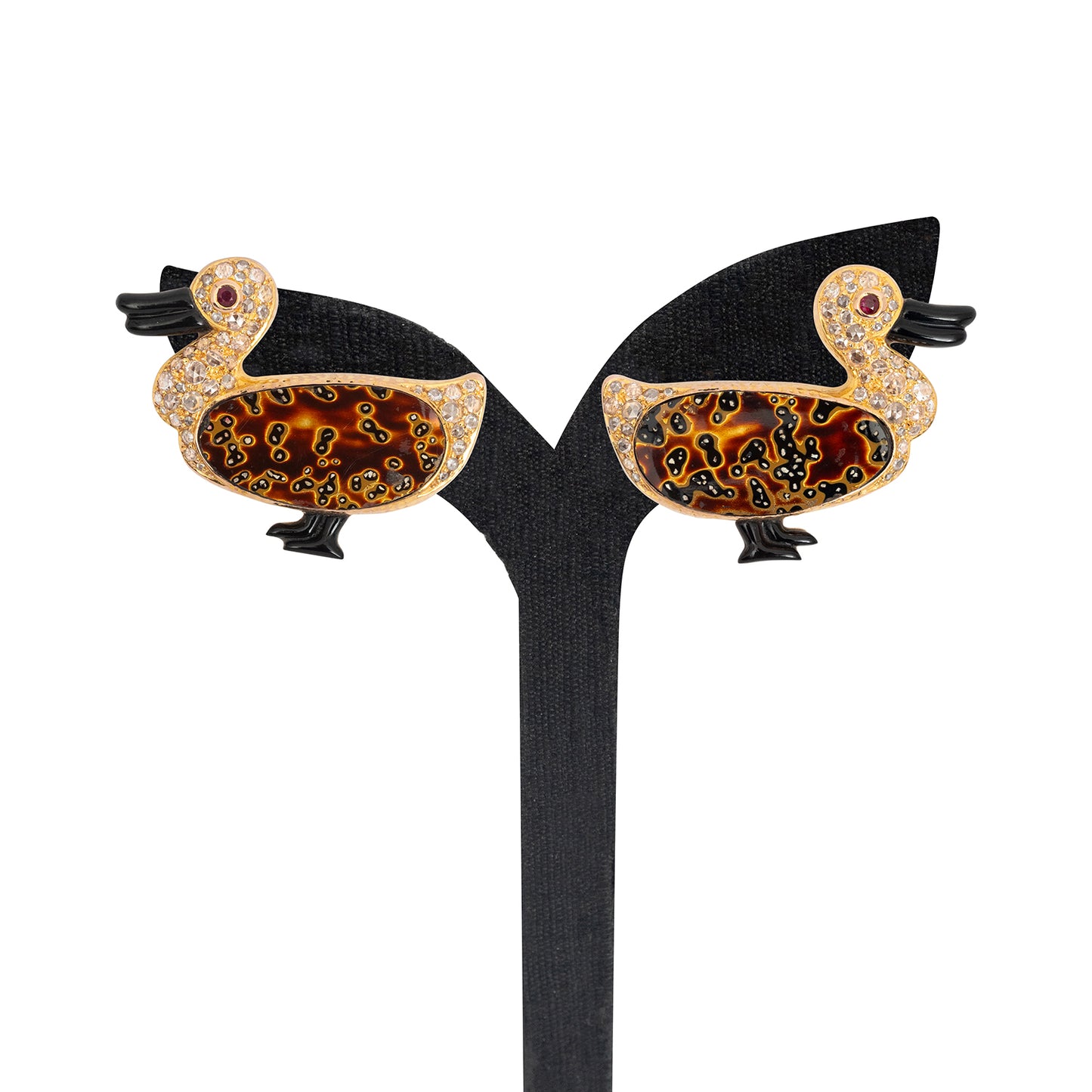 Duck Earrings with Brown lacquer and Diamond