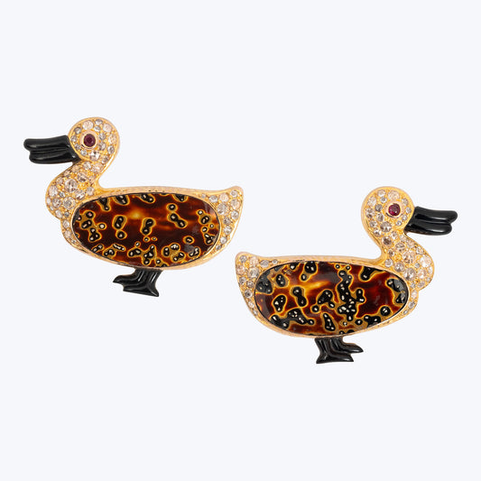 Duck Earrings with Brown lacquer and Diamond