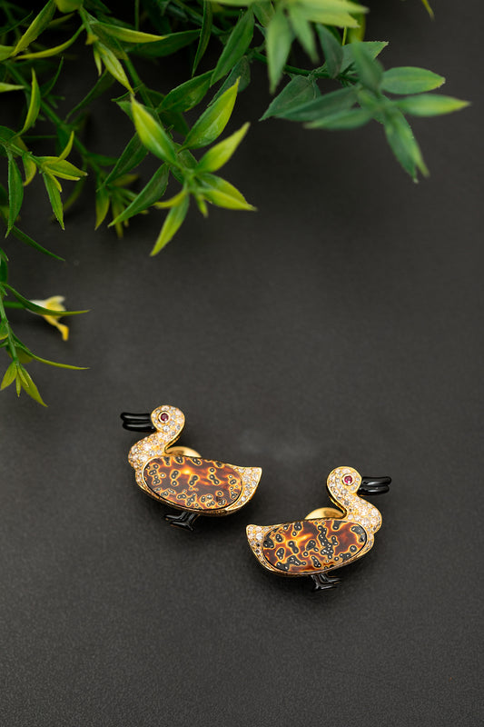 Duck Earrings with Brown lacquer and Diamond