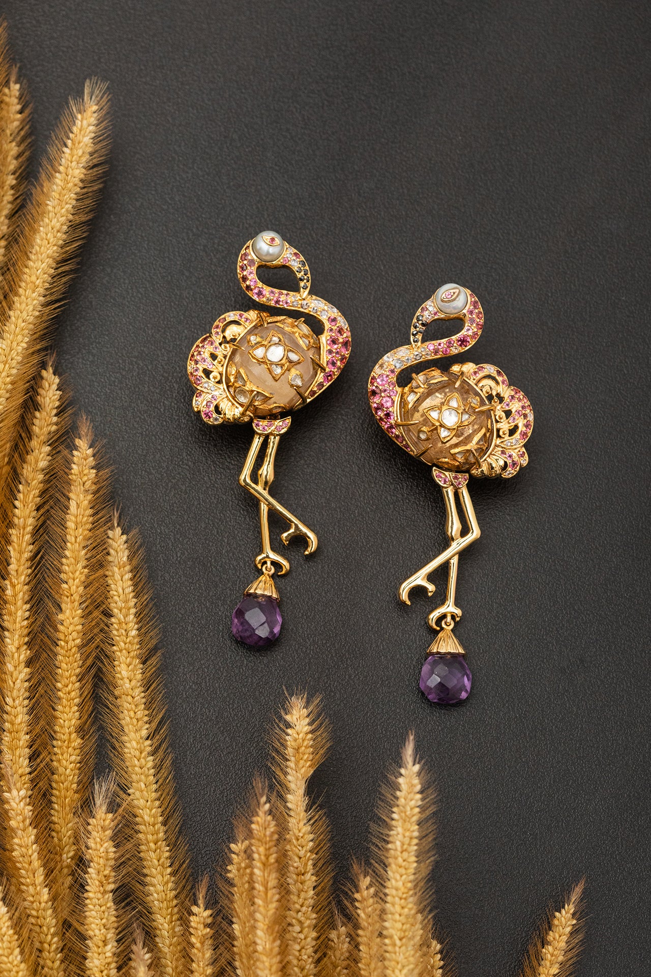 Flamboyant Flamingo Earrings with Amethyst and Diamond