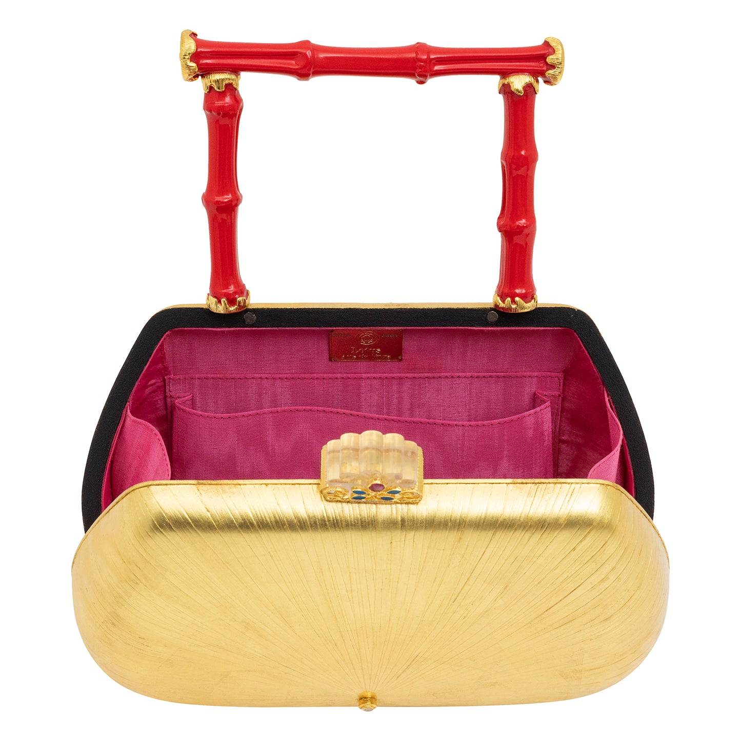 Golden Rice Marquetry Handbag with Red Lacquered Bamboo Handle