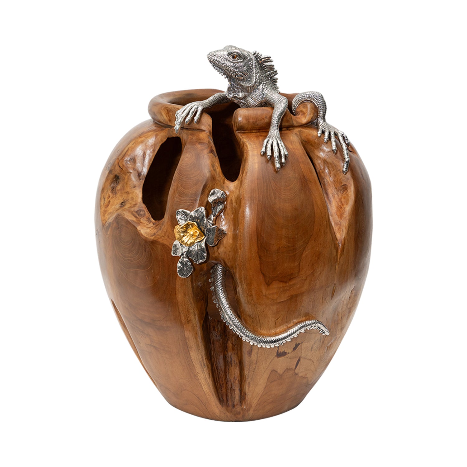 Teak Wood jar with Silver Iguana