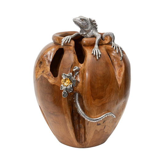 Teak Wood jar with Silver Iguana