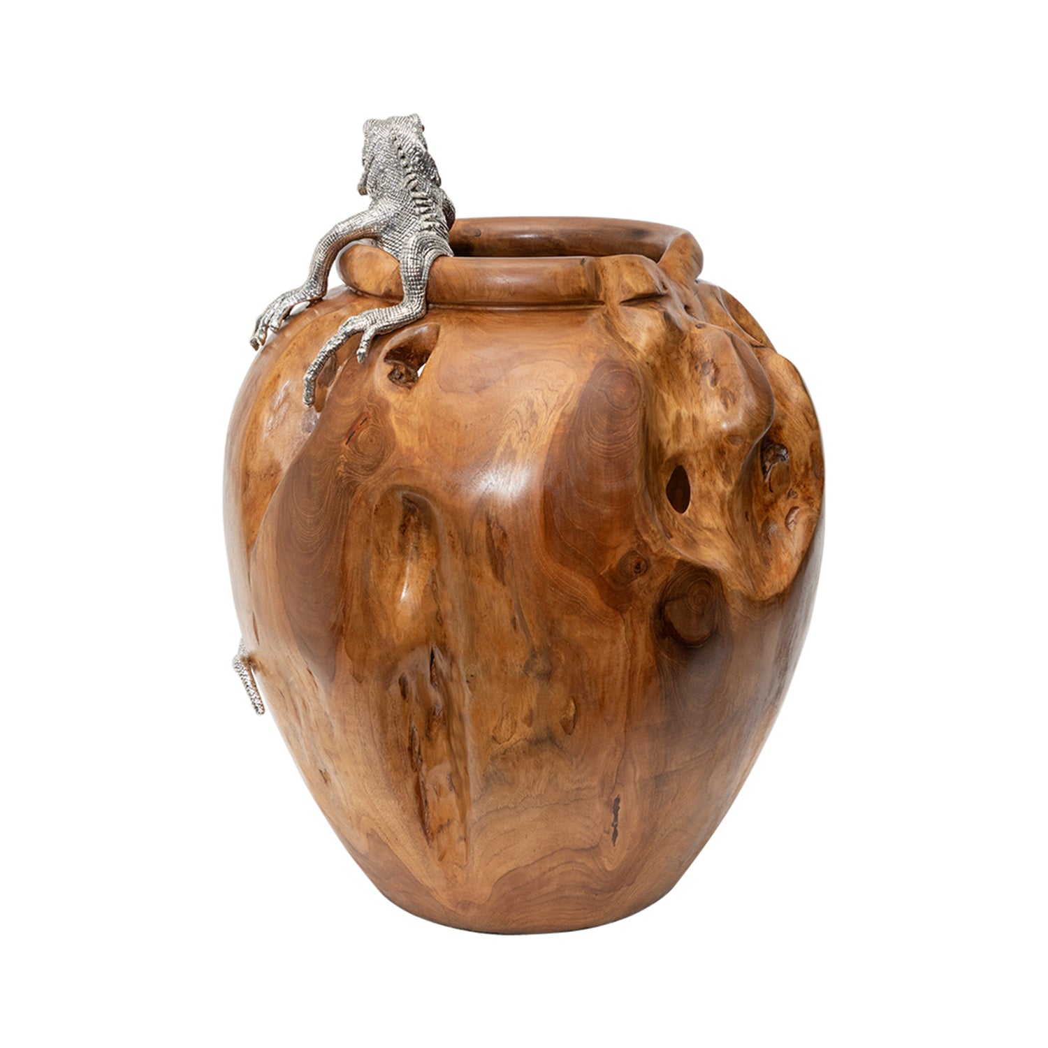 Teak Wood jar with Silver Iguana