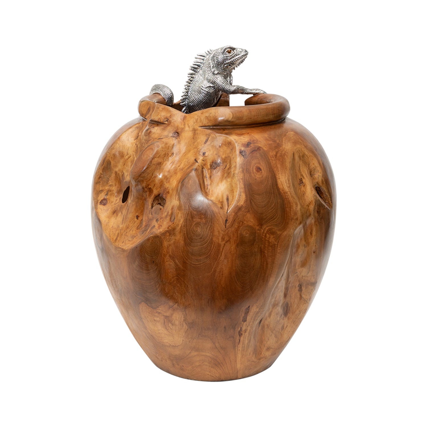 Teak Wood jar with Silver Iguana