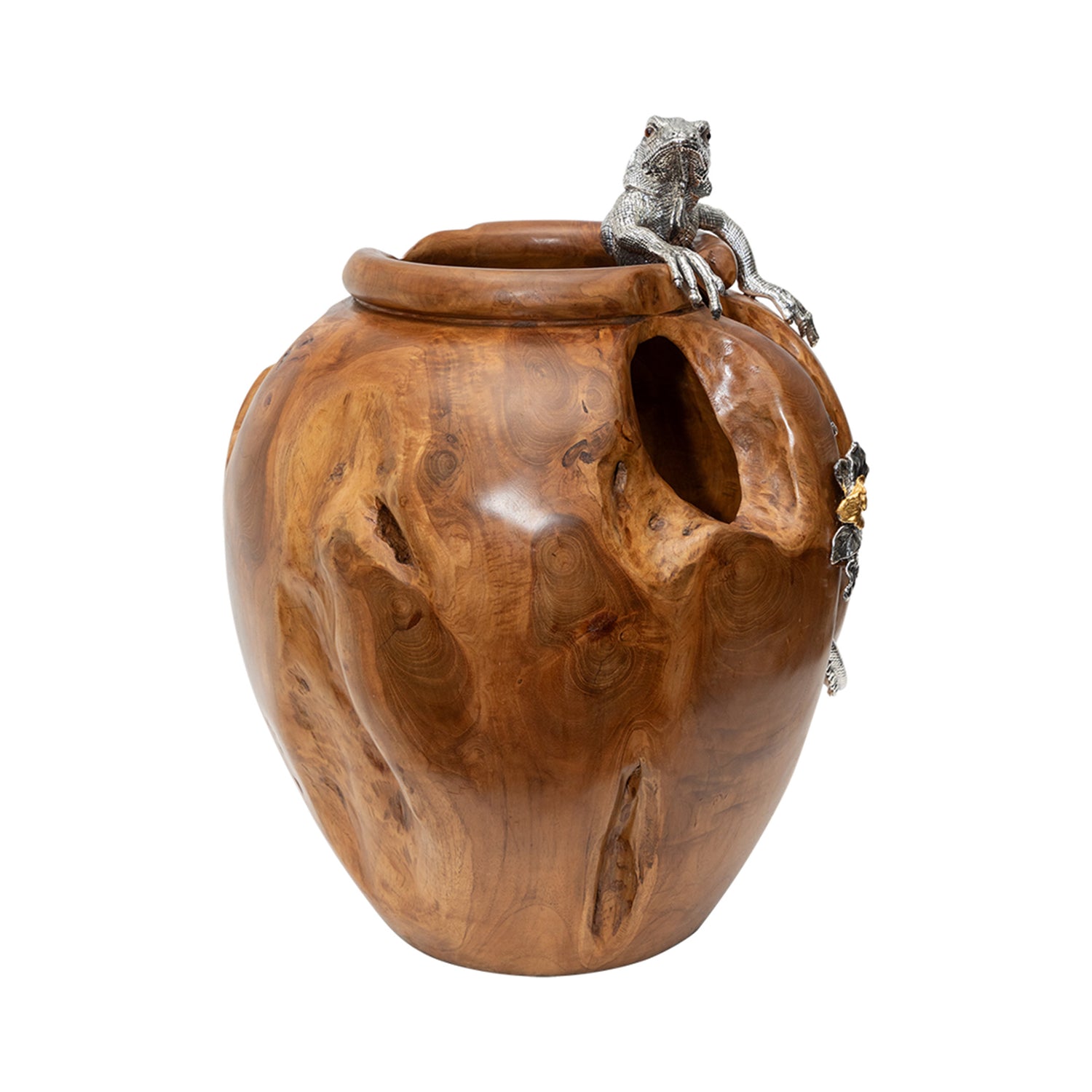 Teak Wood jar with Silver Iguana