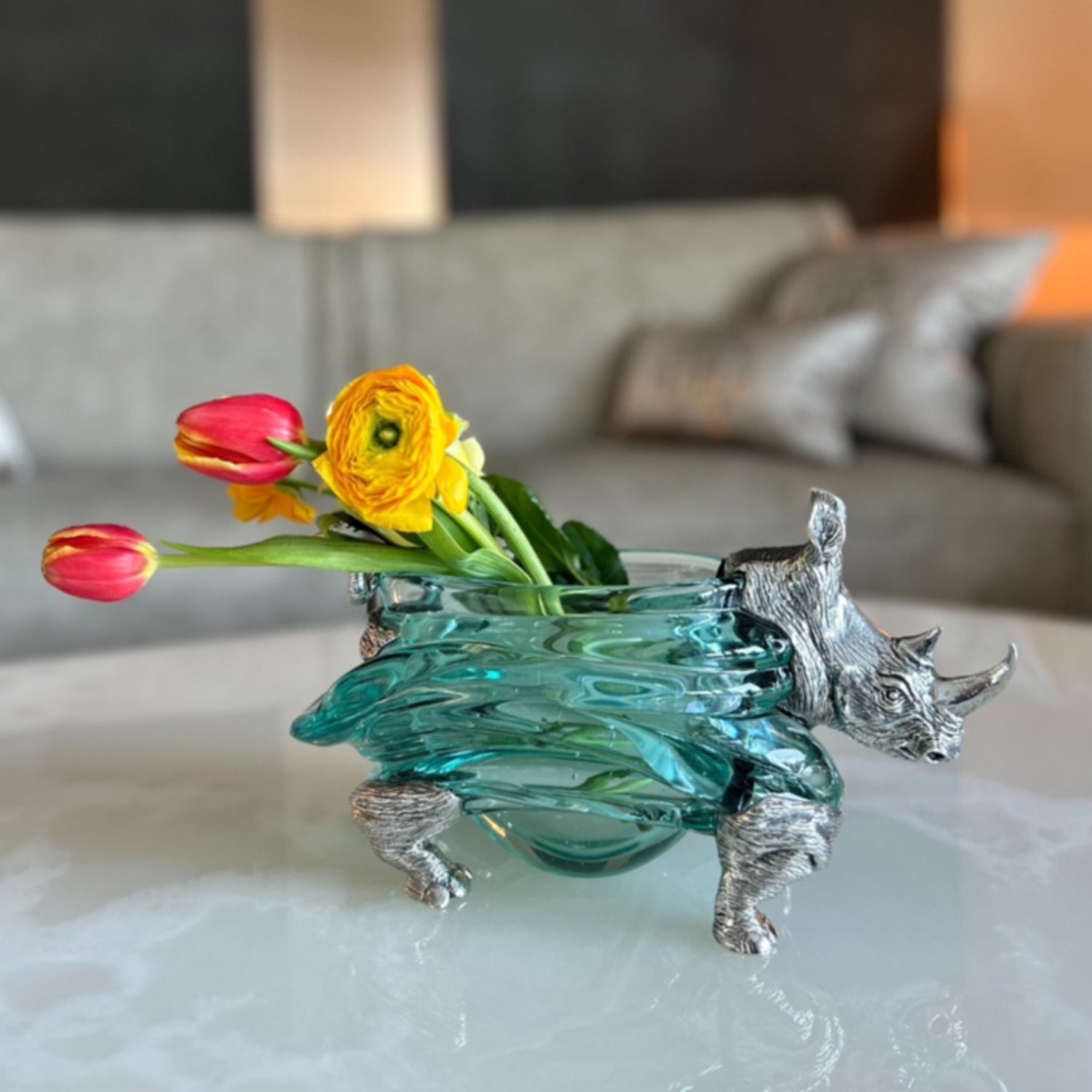 Glass Bowl with Silver Rhino