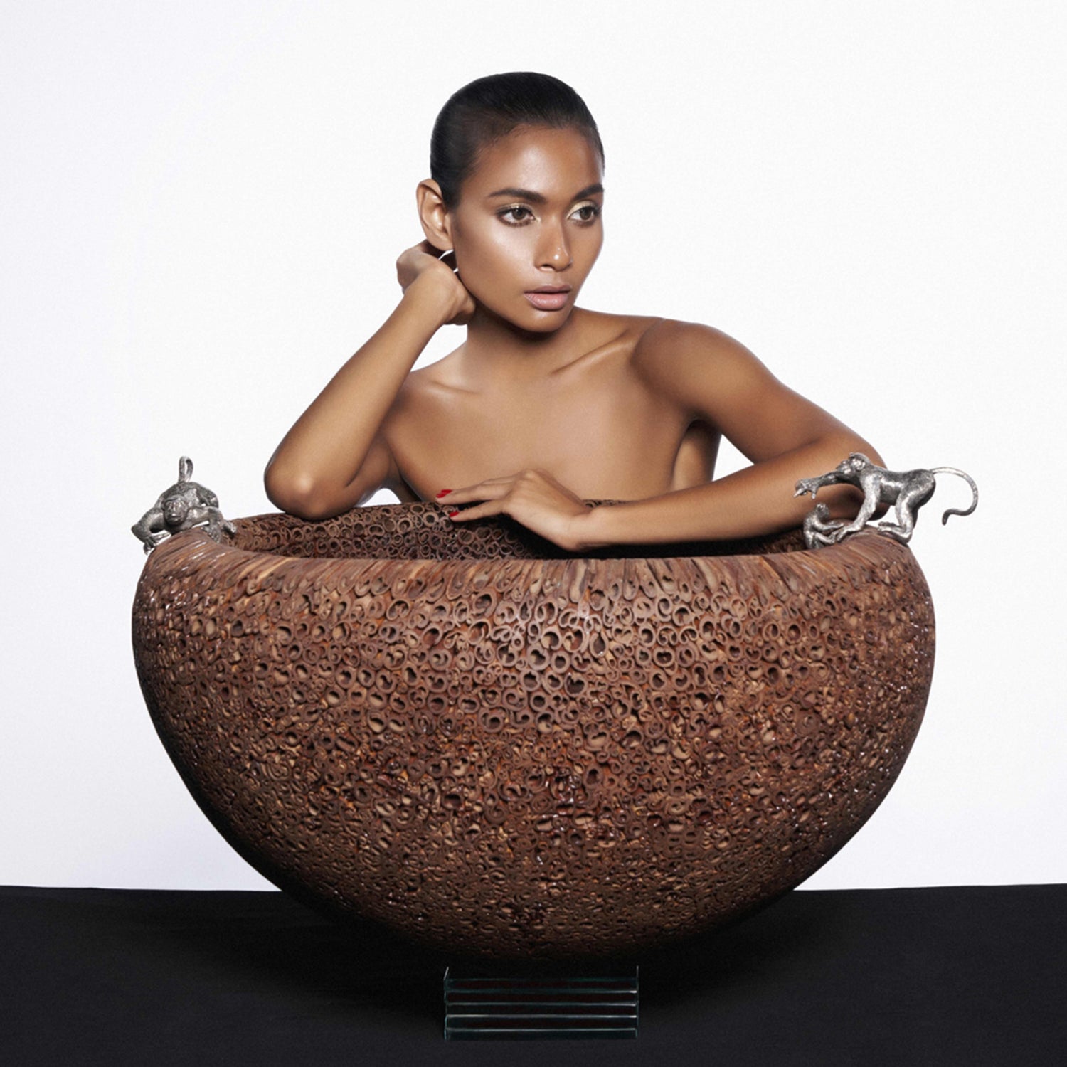 Cinnamon Bowl with Silver Monkeys