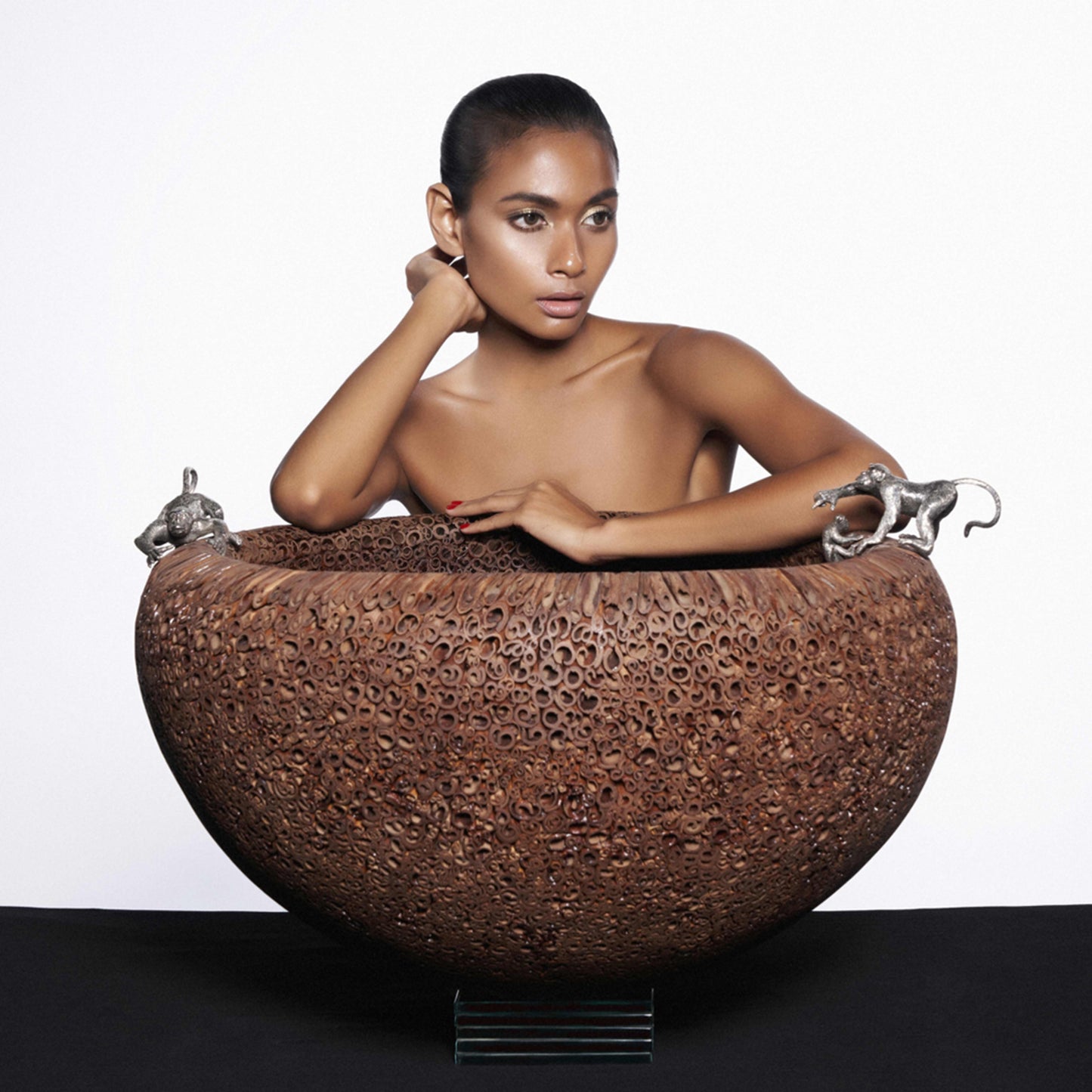 Cinnamon Bowl with Silver Monkeys