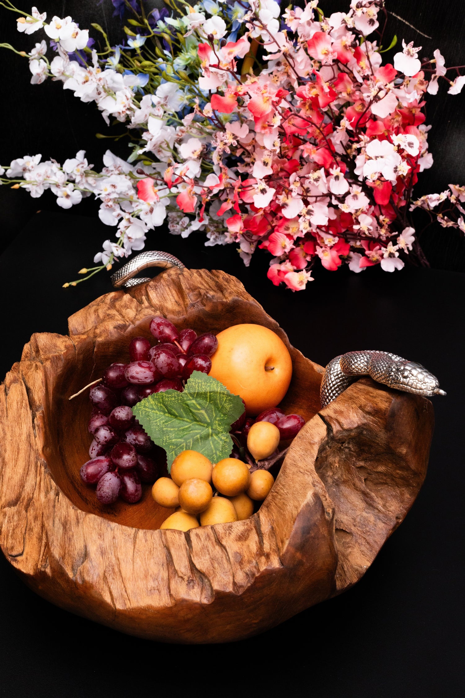 Teak Root Bowl with Silver Snake