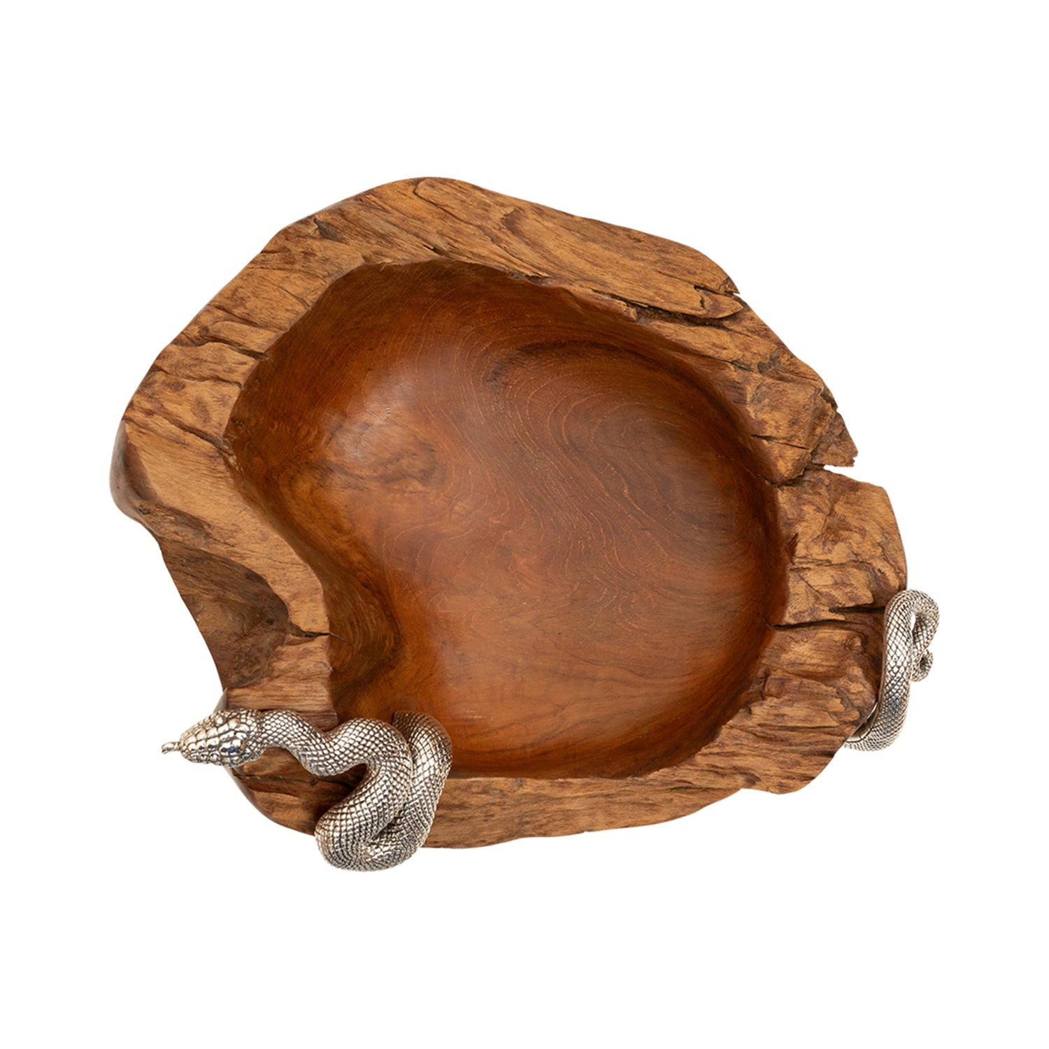 Teak Root Bowl with Silver Snake