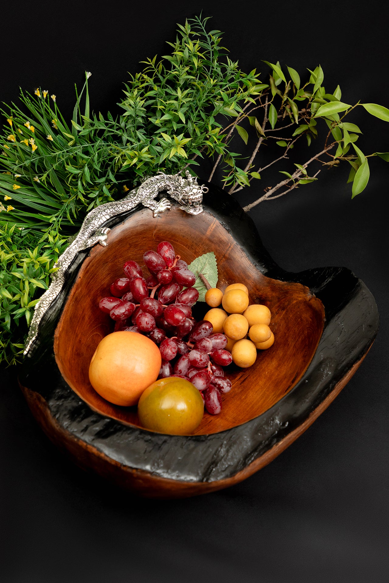 Teak Root Bowl with Sterling Silver Dragon