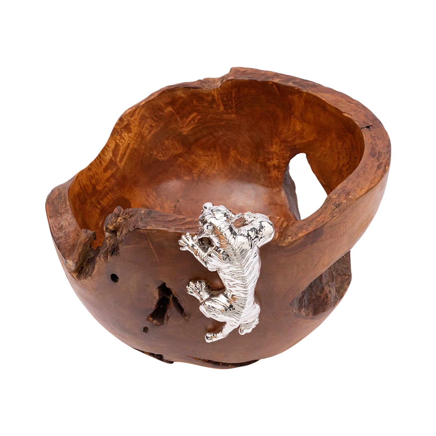 Teak Bowl with Silver Climbing Tiger