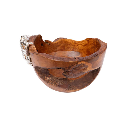Teak Bowl with Silver Climbing Tiger