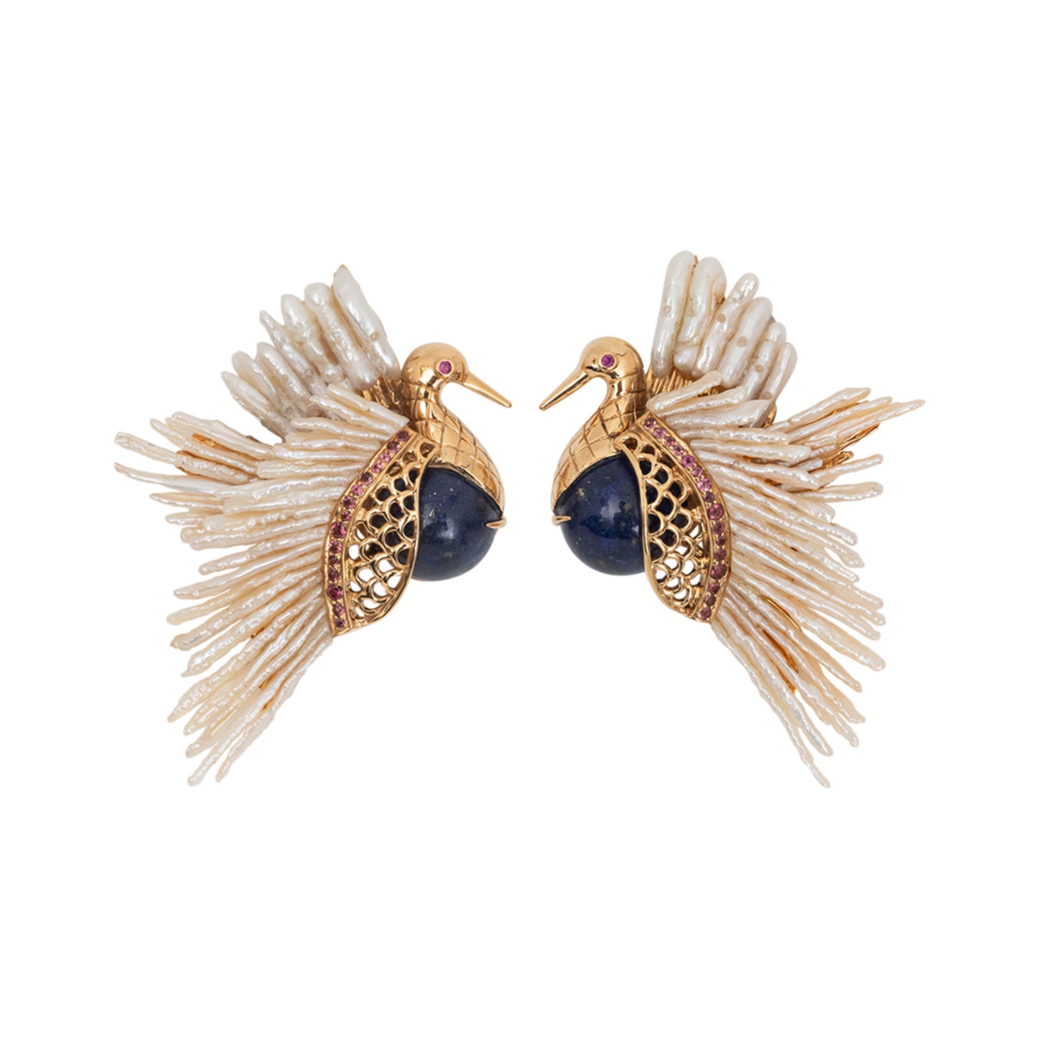 Pearl Dove Earrings with Rubies, Pink Tourmalines, Lapis Lazuli