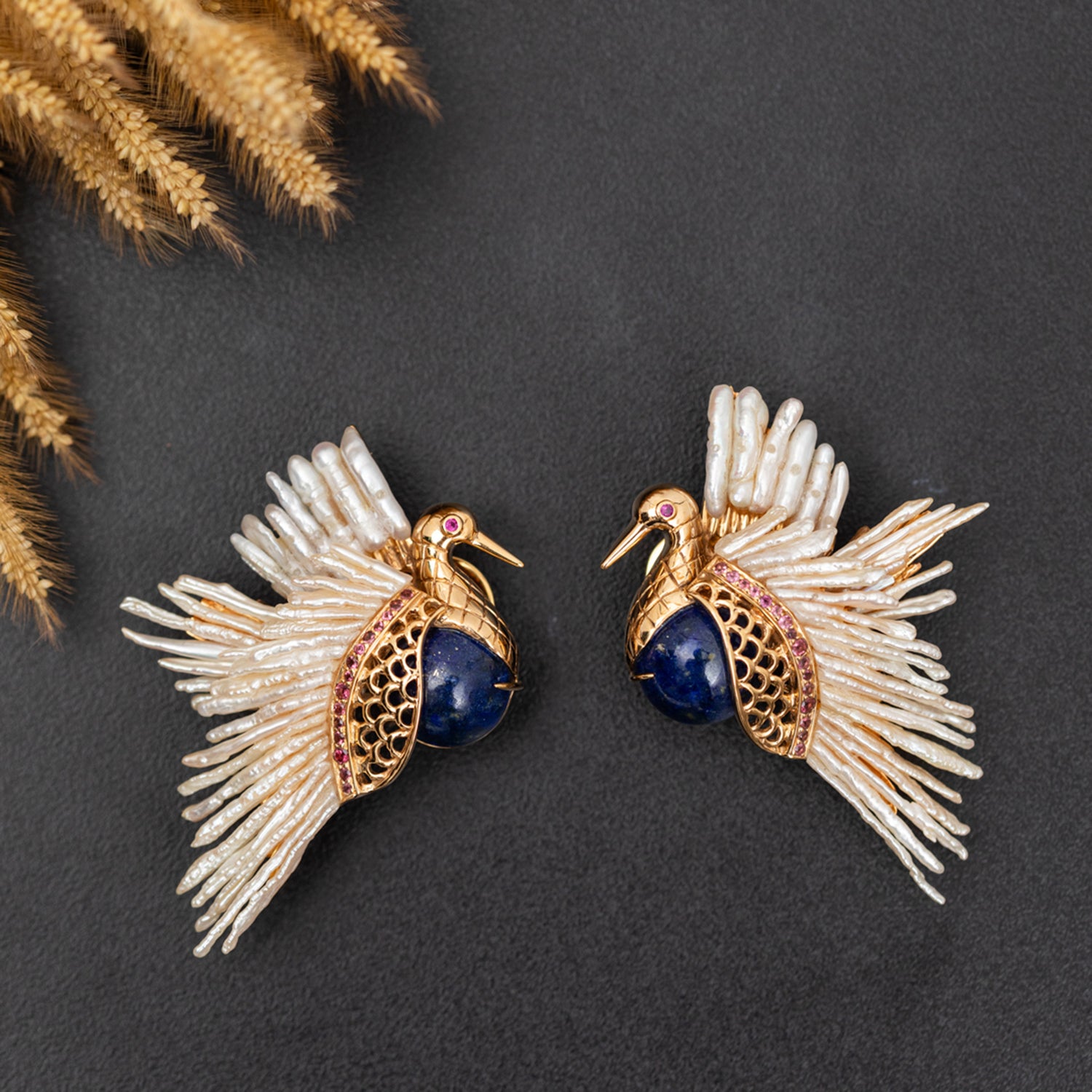 Pearl Dove Earrings with Rubies, Pink Tourmalines, Lapis Lazuli