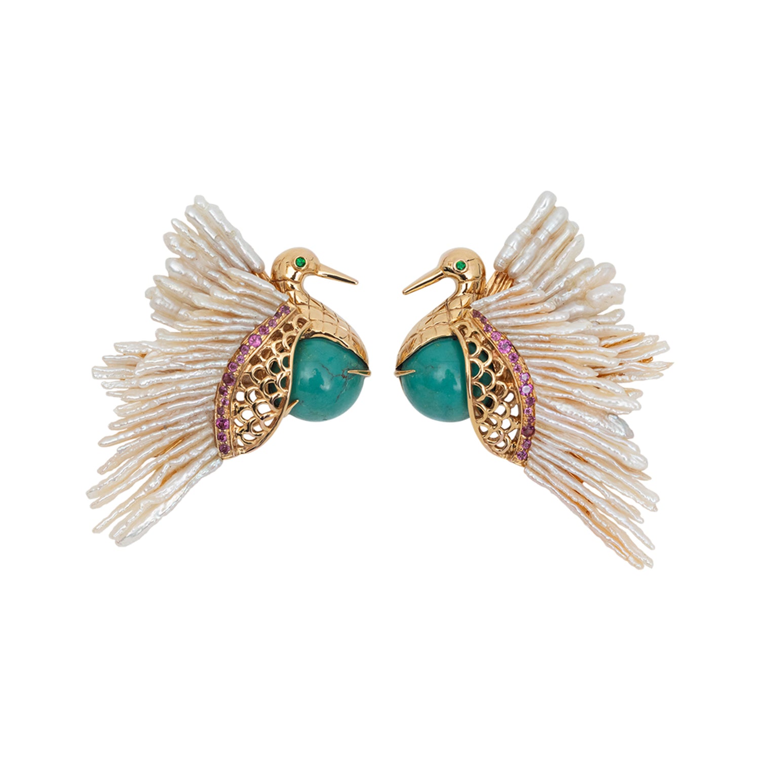 Flying Dove Earrings with Rhodolite, Tsavorites and Turquoise