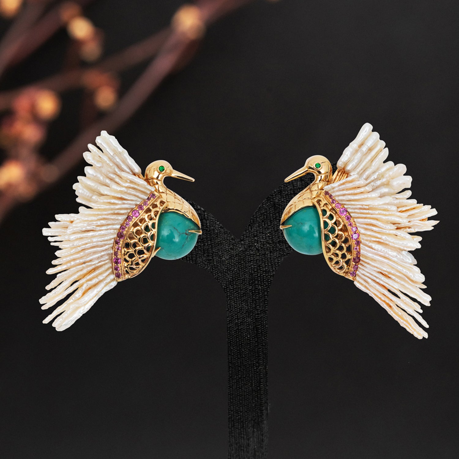 Flying Dove Earrings with Rhodolite, Tsavorites and Turquoise