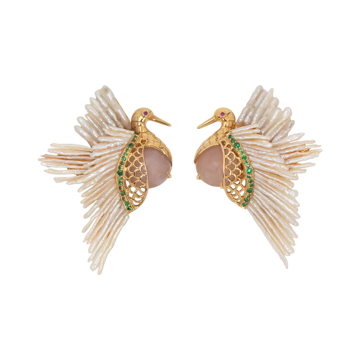 Flying Dove Earrings with Rubies, Tsavorites and Rose Quartz