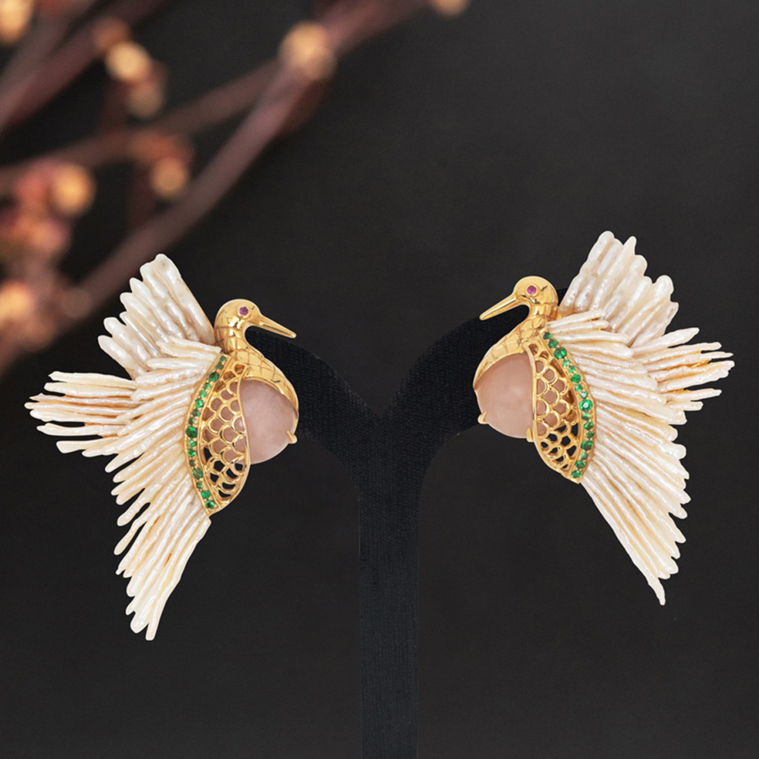 Flying Dove Earrings with Rubies, Tsavorites and Rose Quartz
