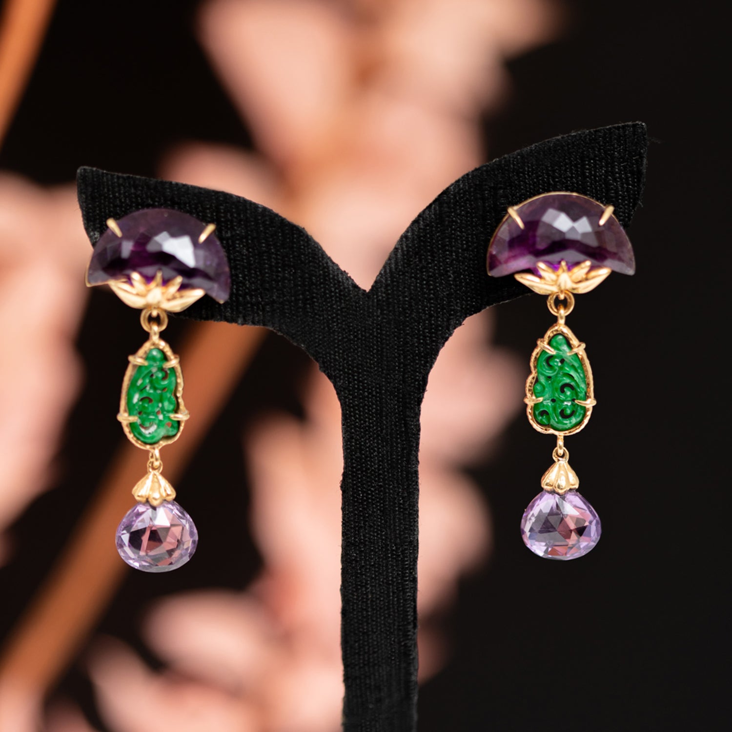 Amethyst Drop Earrings with Burmese Jade