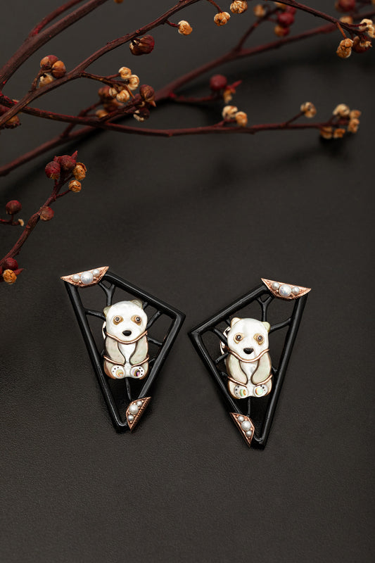 Panda Shell Earrings with Pearl and Diamond
