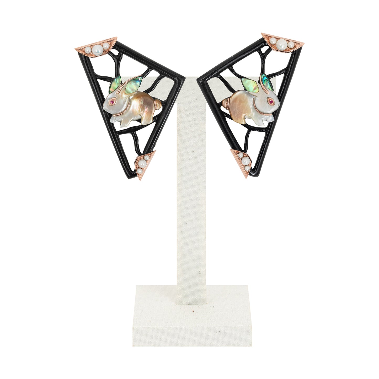 Black Lacquer Kite Earrings with Carved Shell Rabbit, Pearl & Ruby