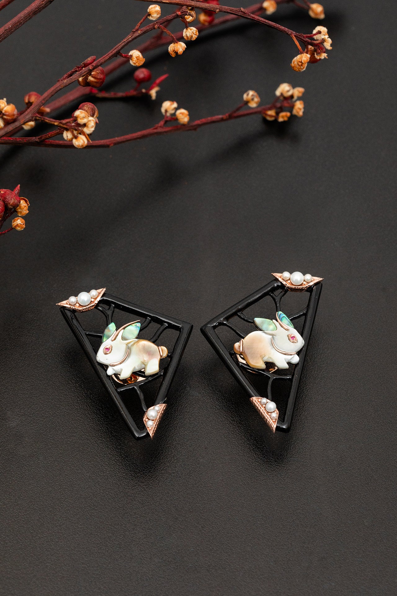 Black Lacquer Kite Earrings with Carved Shell Rabbit, Pearl & Ruby