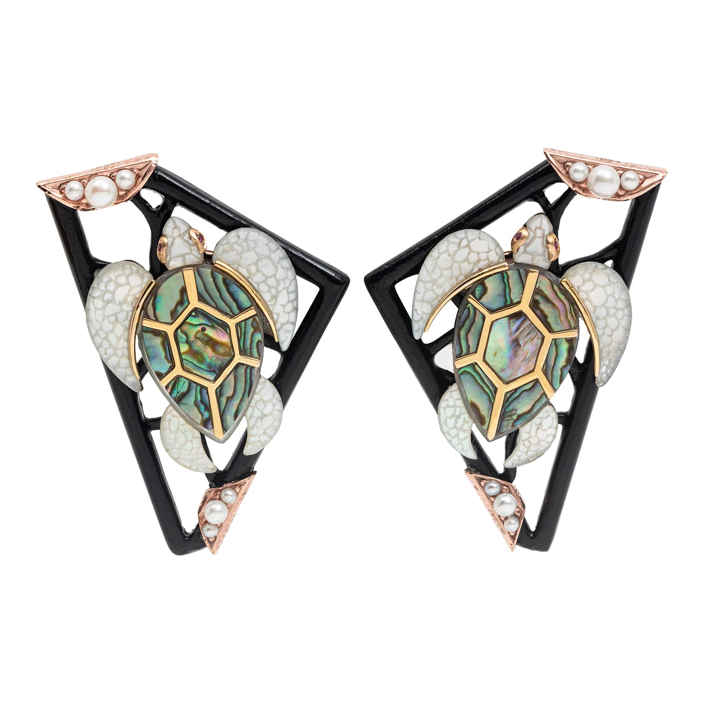 Turtle Abalone Shell Earrings with Pearl and Ruby